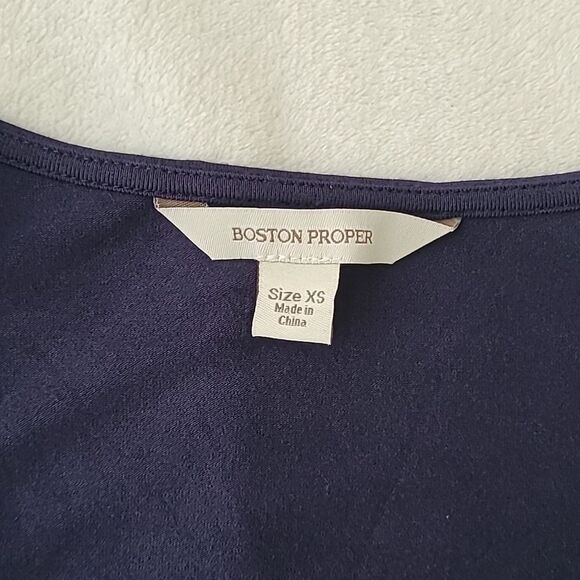 Boston Proper Navy Blue Wrap Bodysuit Long Sleeve Open Puff Sleeves XS Chiffon - Picture 2 of 6